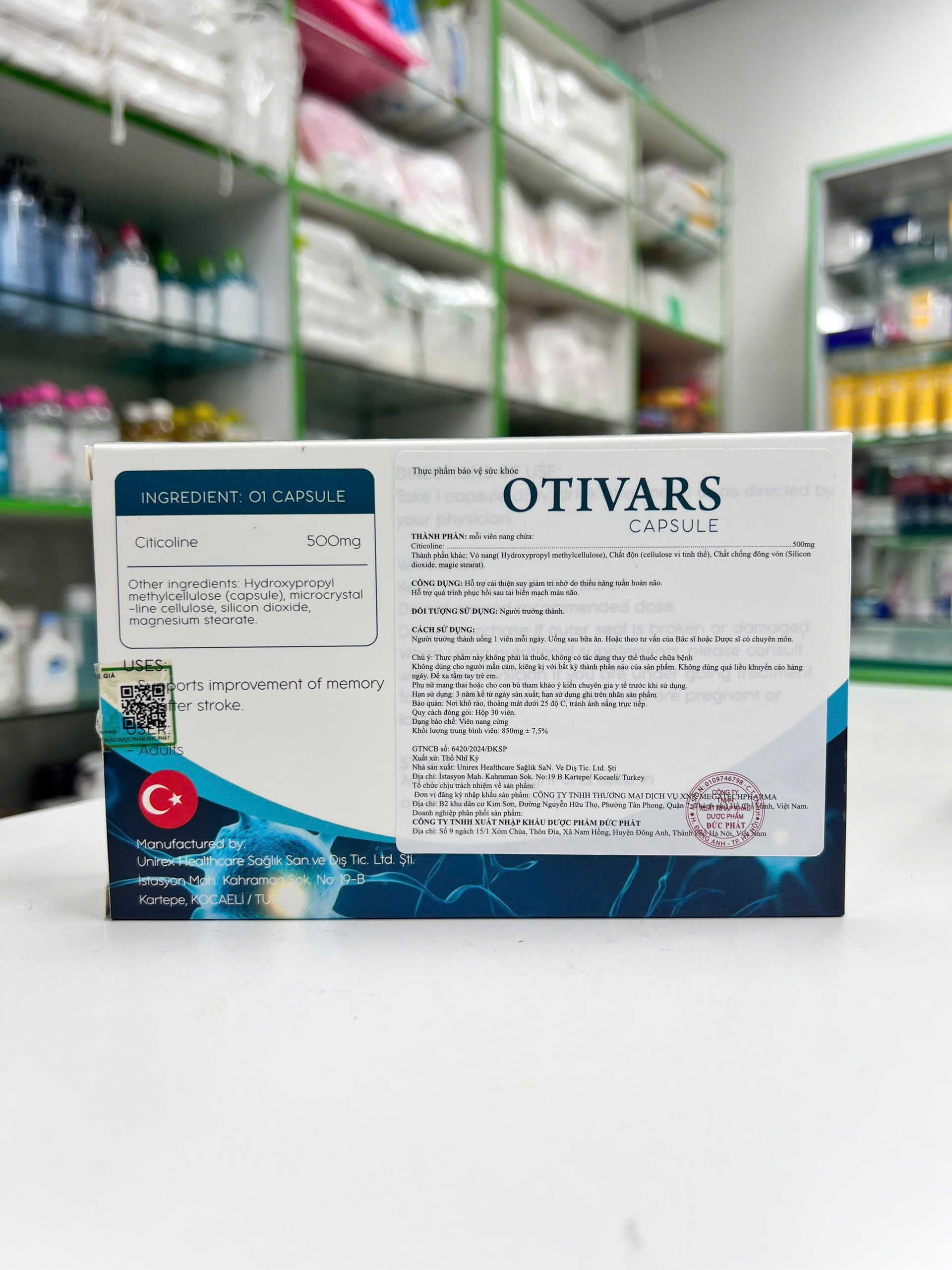 OTIVARS — mặt sau hộp hiển thị Citicoline 500mg, nhãn phụ và thông tin nhập khẩu
